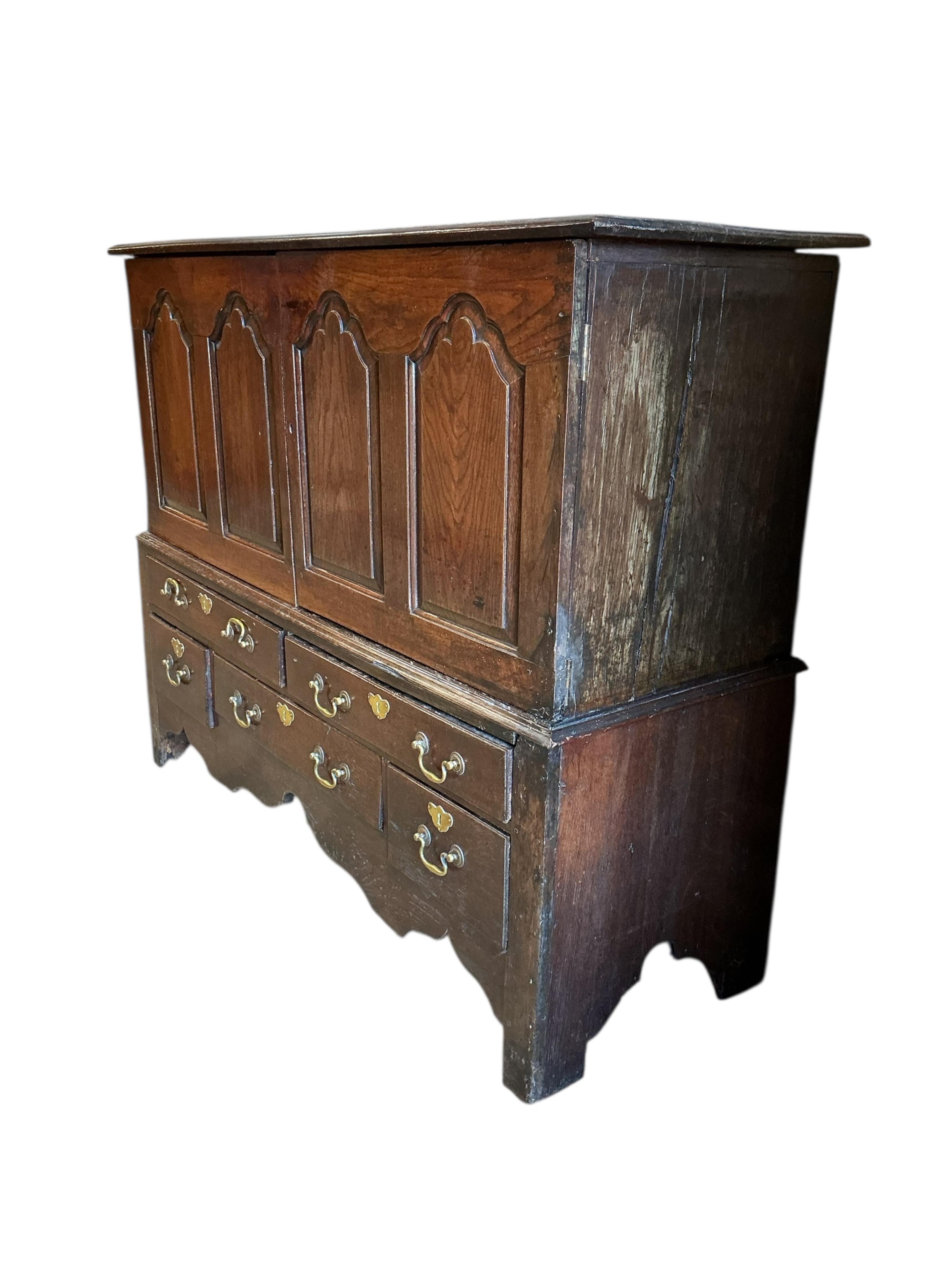 A George III oak mule chest, adapted, width 144cm, depth 52cm, height 117cm